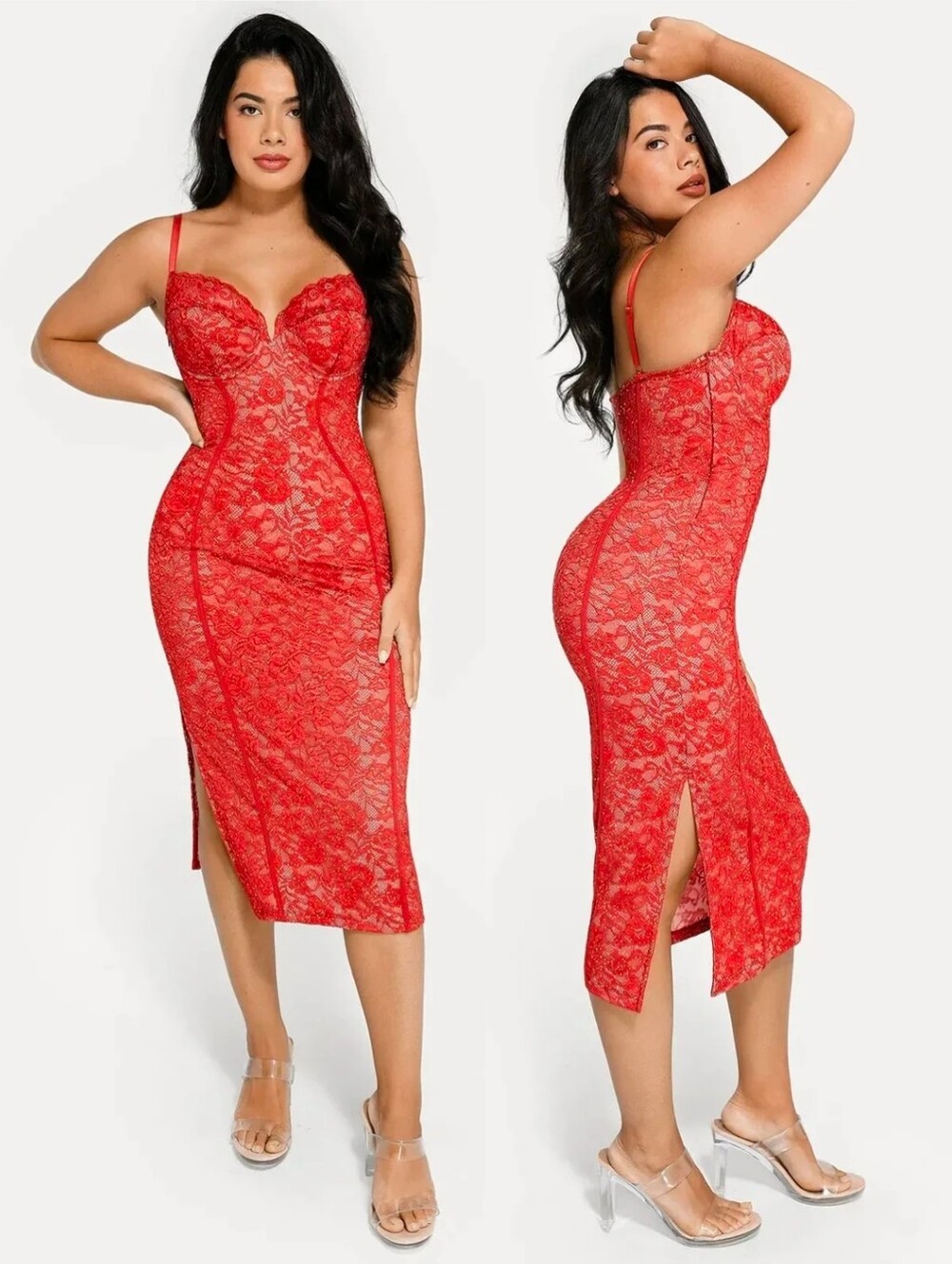 NWT POPILUSH Red Shapewear All-Lace Hourglass Corest Side Slit Midi Dress